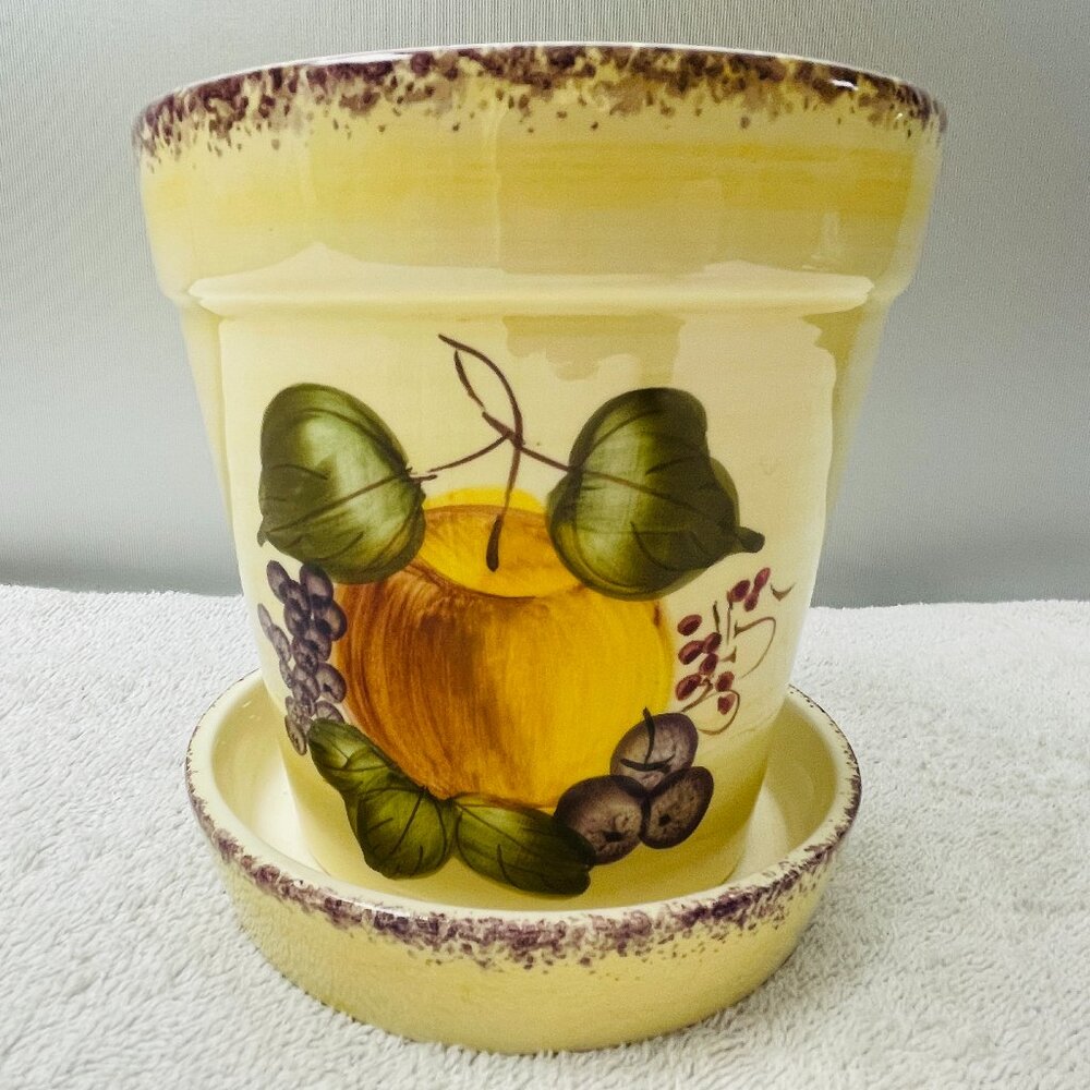 NWOT Jay Willfred-Andrea By Sadek Ceramic Flower Pot & Saucer, Yel-Prpl, 5 1/2"T